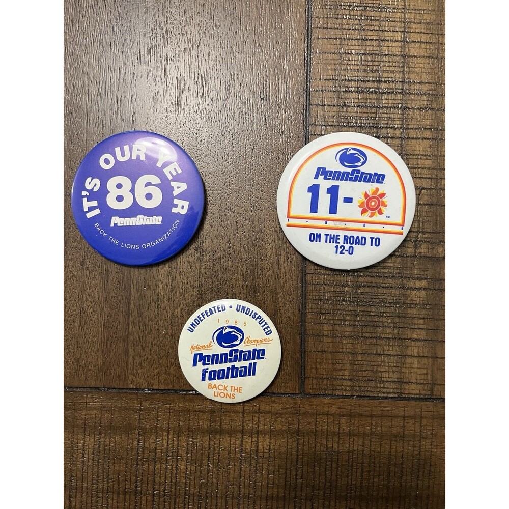 3 VTG Penn State 1986 Fiesta Bowl Buttons Pins vs Miami Hurricanes CHAMPS PSU
